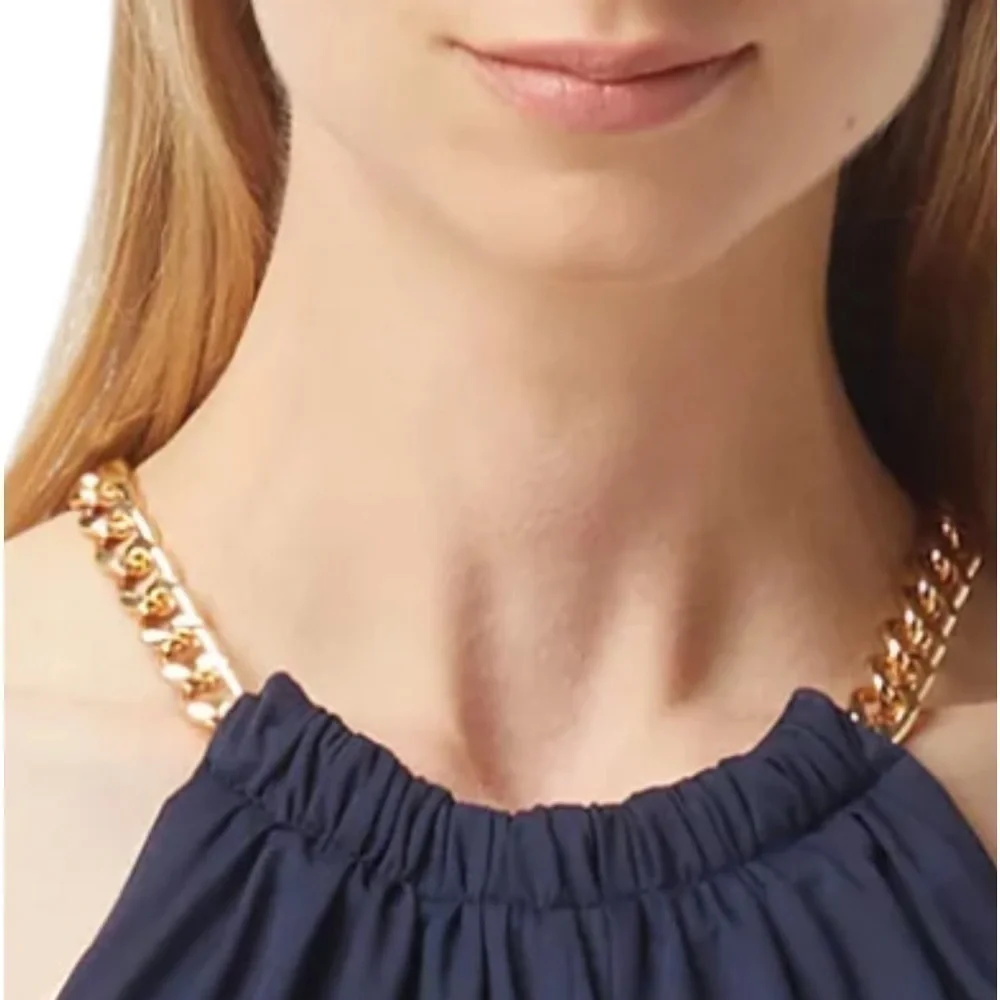 Michael Kors Gold Chain High Neck Flowy Tankini Top Blue Size Small